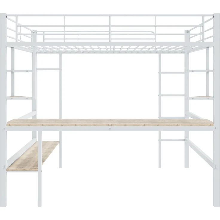 Weißes Metall-Hochbett 90×200cm mit Schreibtisch, vier dreieckigen Kleinregalen + großem Bücherregal, Stahl+E1-MDF, inkl. 24 Lattenroste, ohne Matratze, Gesamt L204,5 × T95 × H180,5 cm – Bild 5