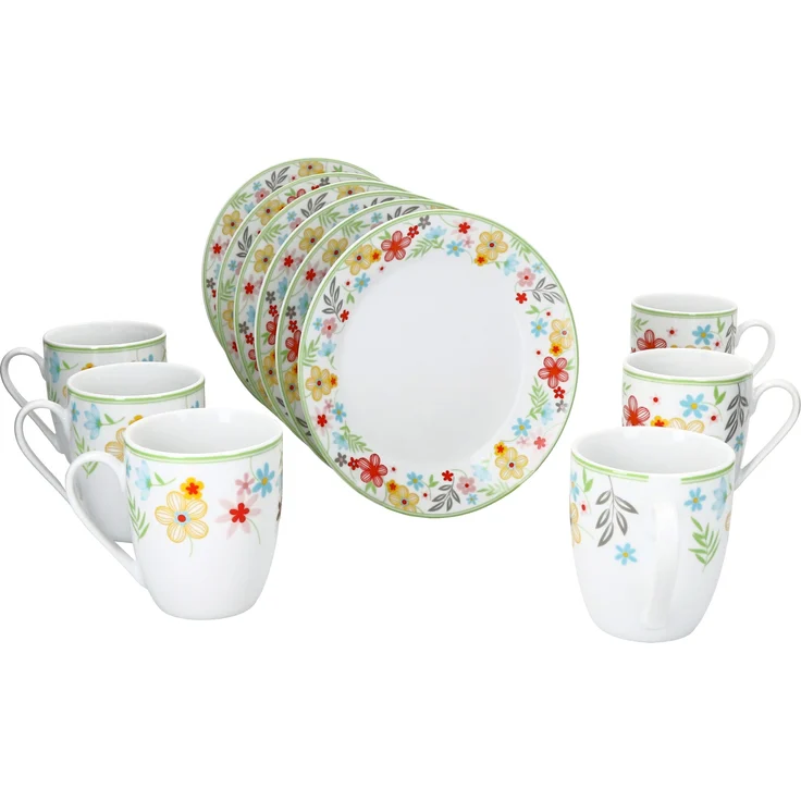 12tlg Frühstücksset Variant Blümchen Porzellan 6 Personen Teller klein Kaffeebecher – Bild 2