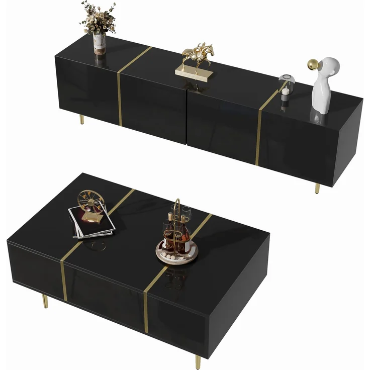 JARDJ Moderner Hochglanz-Schwarz TV-Schrank und Couchtisch Set – Bild 8