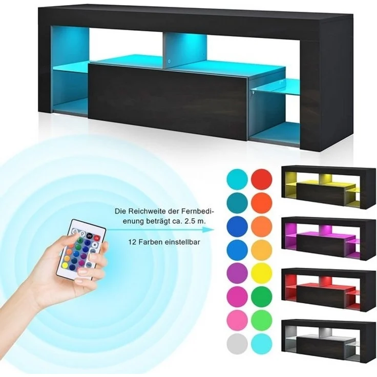 SONNI TV-Schrank Schwarzer TV-Ständer mit LED-Beleuchtung Stilvoll mit 12 Led Farben Beleuchtung – Bild 4