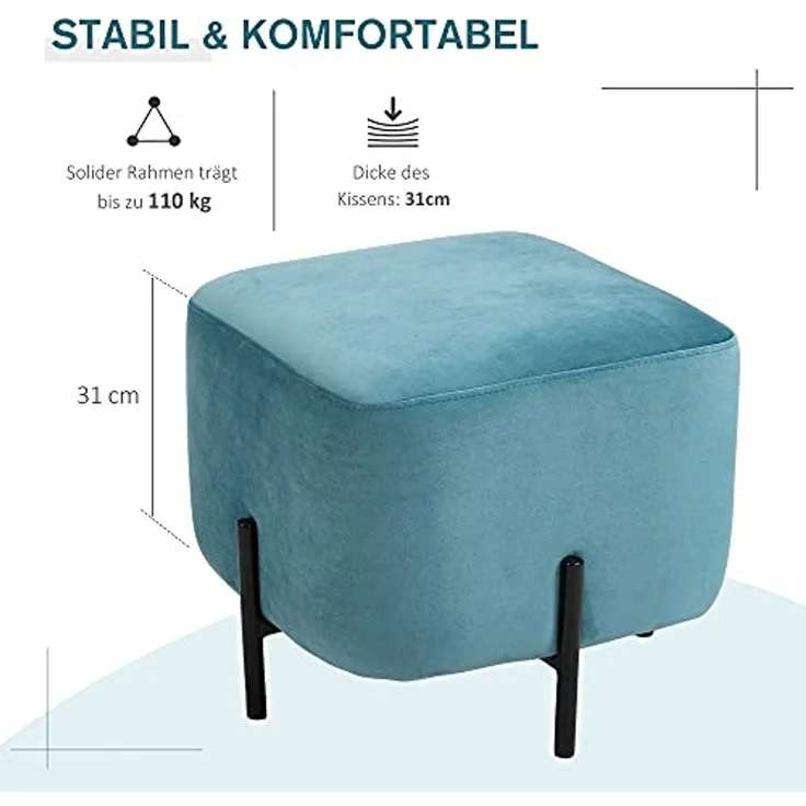 HOMCOM Fußhocker Fußstütze gepolstert (Fußbank, 11 St, Sitzhocker), Türkis 44,5 x 44,5 x 41,5 cm – Bild 3