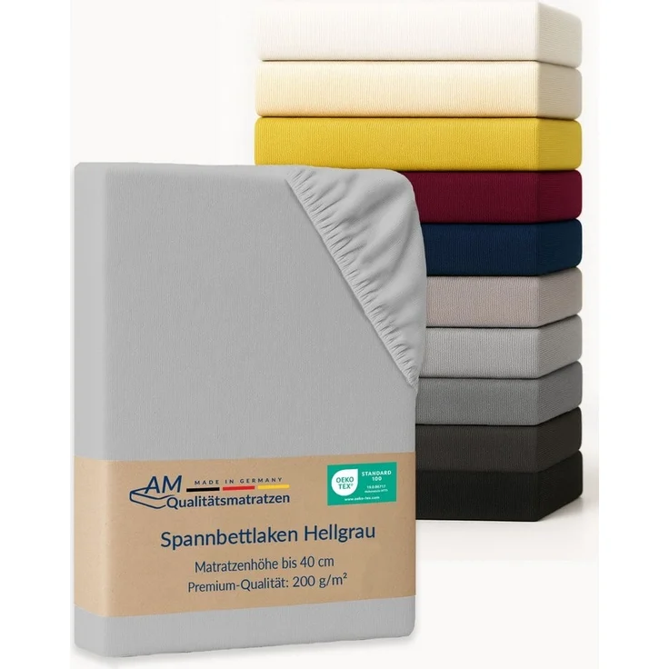 AM Qualitätsmatratzen Spannbettlaken Baumwolle in hellgrau, Bettlaken für Boxspringbetten, Made in Germany, Baumwolle, Gummizug: rundum, (1 Stück), 90x200x40 – Bild 1