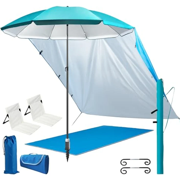 4smile Sonnenschirm 6er-Set in Türkis, Ø 180 cm, Sonnenschirm Strand, komfortable Strandliege, Schirmständer Erdspieß, Sonnensegel Strand, kompakte Stranddecke(1,5x2 m), Schirmhülle – Bild 2