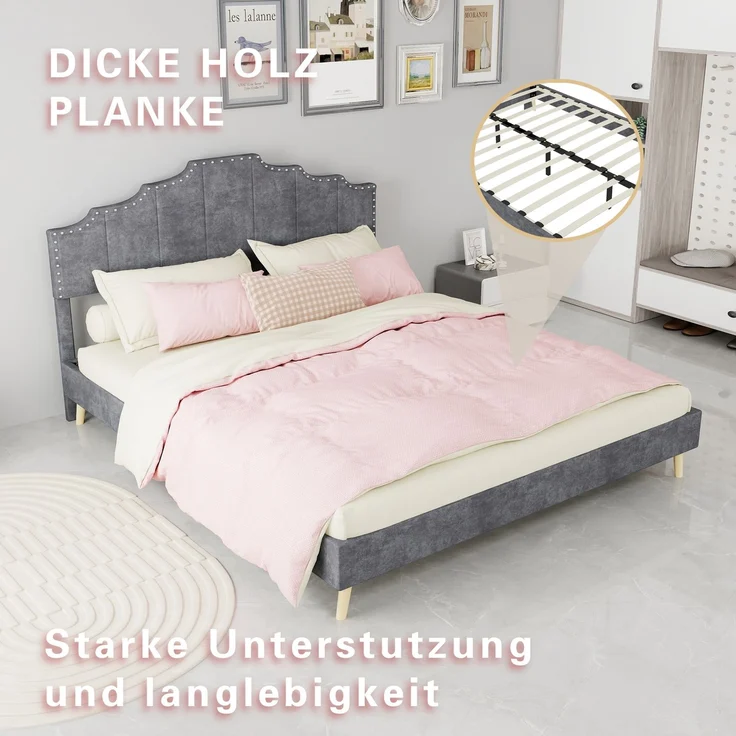 EINHOM Modernes Minimalistisches Polsterbett mit Weichem Kopfteil, 160 x 200 cm, Multifunktionale Schlafzimmermöbel, Bettgestell mit Niedrigem Kasten, ohne Gasdruckfeder, Grau, (Ohne Matratze) – Bild 6