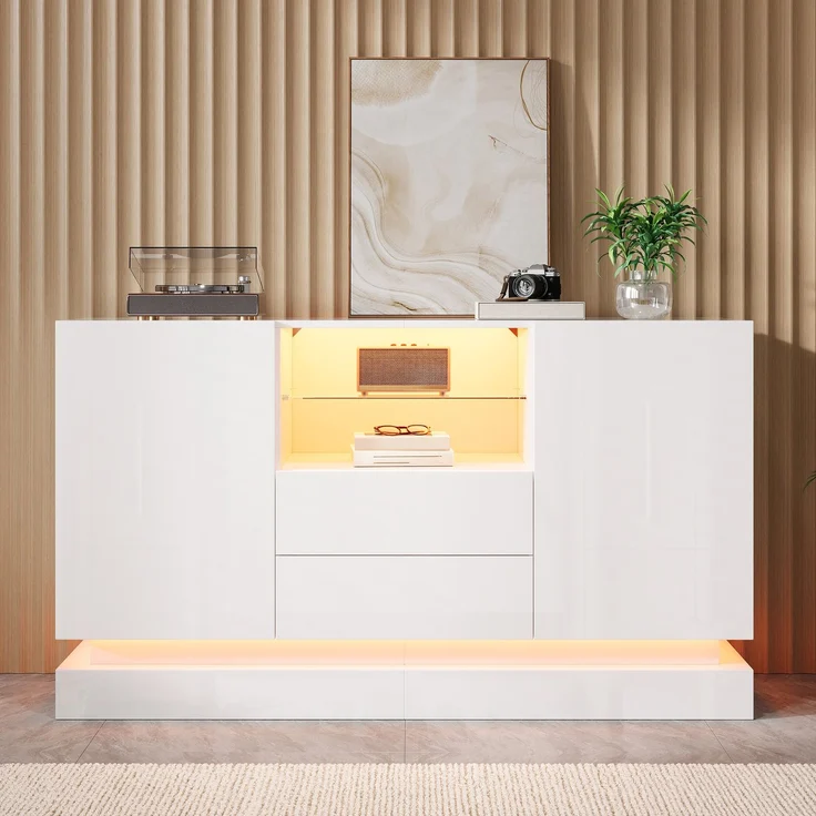 ZUBALIYA Sideboard 140x40x80 cm, mit LED-Beleuchtung, Hochglanz, mit 2 Türen, aus Spanplatte, Weiß – Bild 2