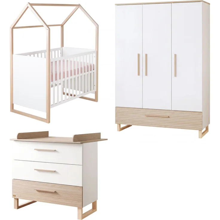 roba Kinderzimmerset Noah - Babyzimmer Set mit Baby- & Beistellbett 60 x 120 cm, Wickelkommode und 3-türigem Kleiderschrank - Weiß & Cashmere