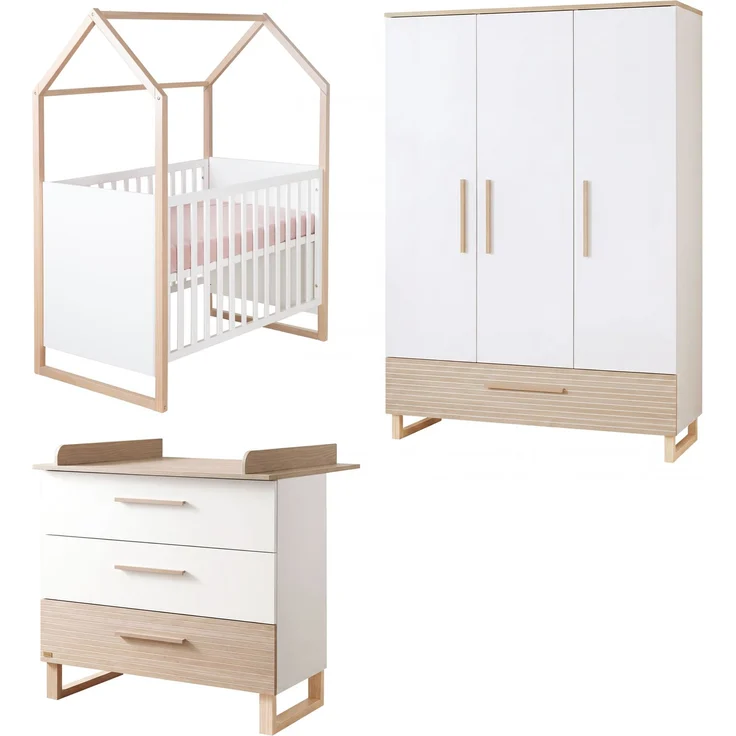 roba Kinderzimmerset Noah - Babyzimmer Set mit Baby- & Beistellbett 60 x 120 cm, Wickelkommode und 3-türigem Kleiderschrank - Weiß & Cashmere – Bild 1