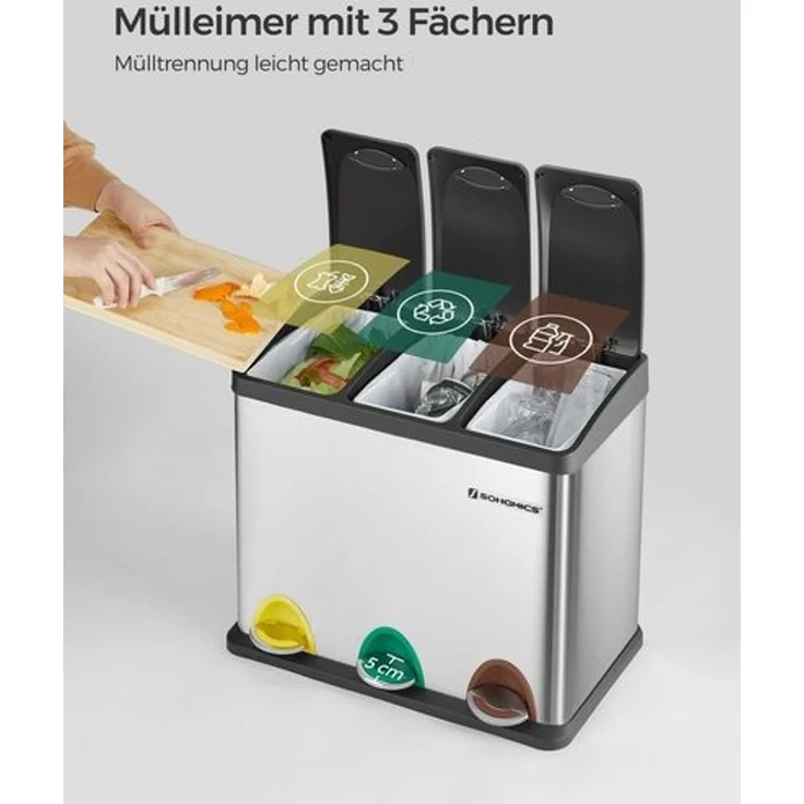 Songmics 3-in-1 Abfalleimer, Metall, 24 Liter, Silber – Bild 3