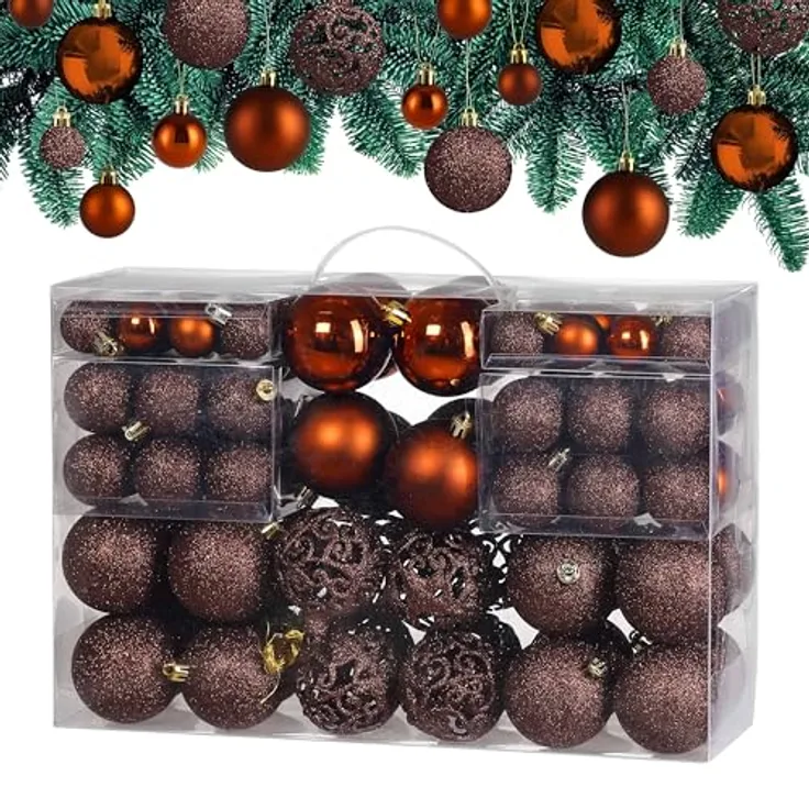 DEUBA® Weihnachtskugeln Set, 100-teilig, Ø 3-6 cm, bruchsicherer Kunststoff, matt und glänzend, Christbaumschmuck in Bronze