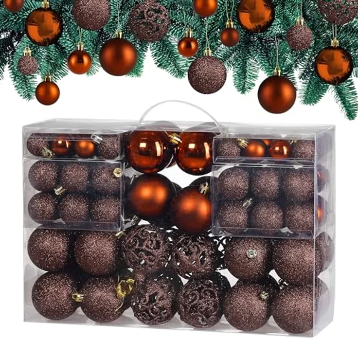 DEUBA® Weihnachtskugeln Set, 100-teilig, Ø 3-6 cm, bruchsicherer Kunststoff, matt und glänzend, Christbaumschmuck in Bronze – Bild 1