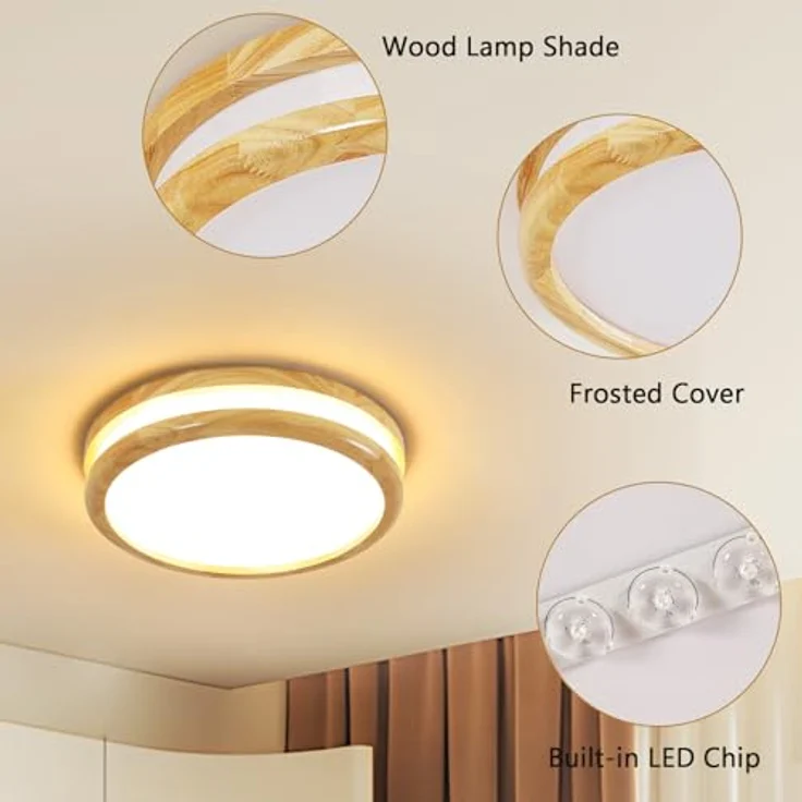 Goceo Moderne LED Deckenleuchte 24W, 30CM Runde Natürliche Holz Deckenleuchte, Deckenlampe für Schlafzimmer Küche Flur Eingang, 3000K Warmes Licht – Bild 6
