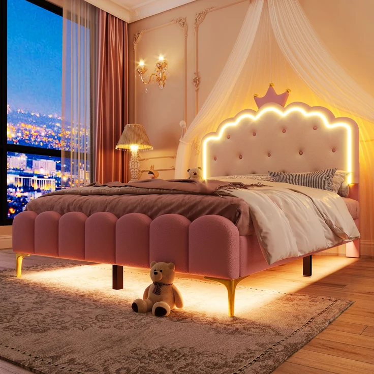 Prinzessinnenbett Kinderbett 140x200 rosa mit LED-Ambientebeleuchtung Metallfüße Kunstleder Polsterbett – Bild 3