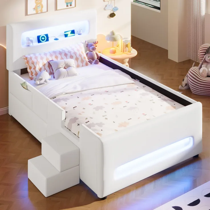 Plattformbett 90x200 cm mit LED, Schublade & Treppe in Weiß, ohne Matratze
