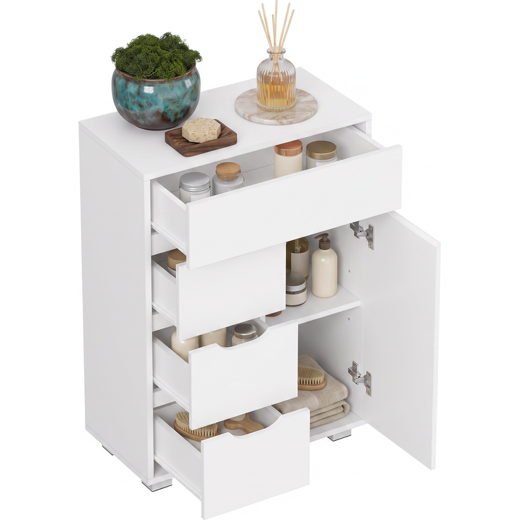 Halupeit Weißer Badezimmer-/Wohnzimmerschrank mit drei verstellbaren Einlegeböden, vier Schubladen und einer Tür, 30,5 x 55,5 x 82,5 cm – Bild 2