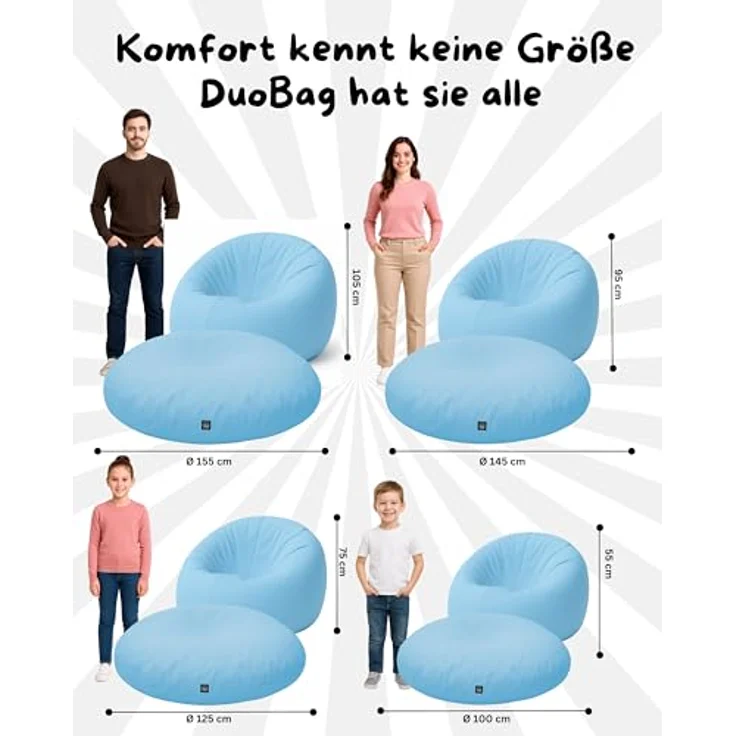 PATCH HOME 2-in-1 Sitzsack Sessel - Gaming Bean Bag mit Reißverschluss - Bereits befüllt, Ergonomisch & Robust für Kinder & Erwachsene - Indoor & Outdoor, Wetterfest (Hellblau, 155cm) – Bild 3