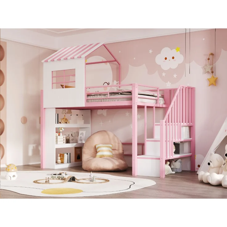 Merax Hochbett 90×200 cm, Kinderbett, Jugendbett, Hausdesign, Mehrstöckiges Stauraumregal, Sichere Treppe (montierbar links/rechts), Rosa – Bild 7