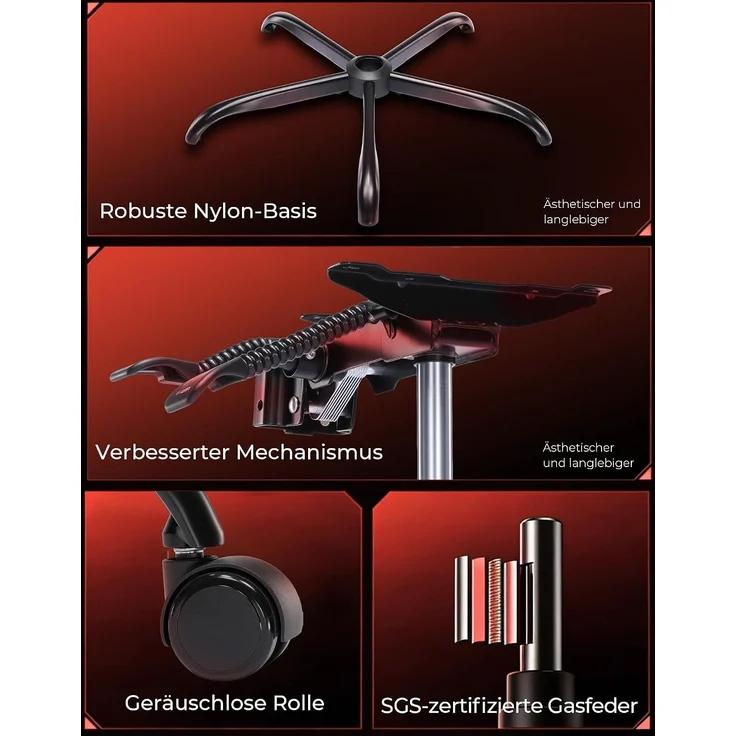 GTPLAYER Gaming Stuhl mit Fußstütze, Ergonomischer Bürostuhl 180kg, Schwerlast Gaming Sessel mit Lendenwirbelstütze und Kopfstütze, Höhenverstellbarer Computerstuhl, Gepolstert, neigbare 155°, ROT – Bild 13
