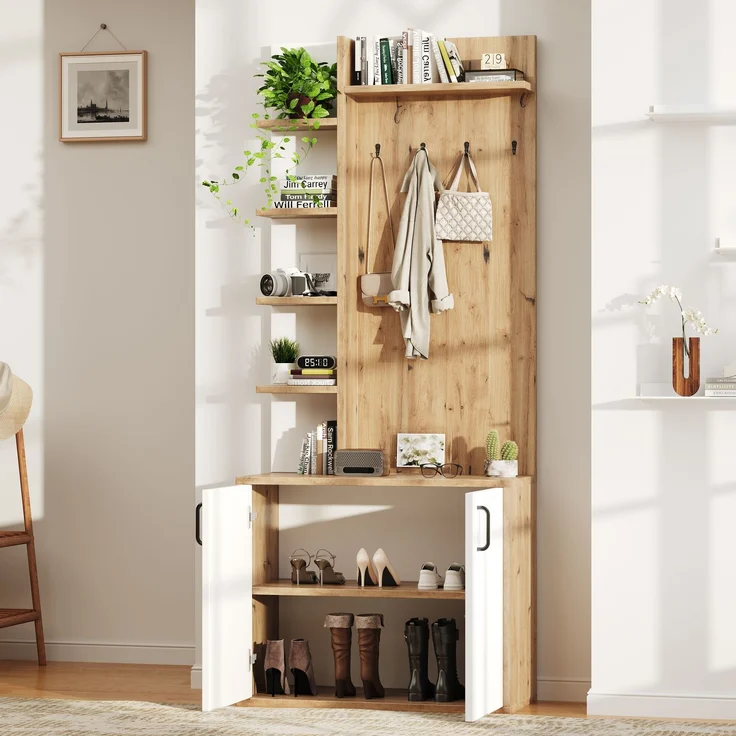 75*33*180cm Garderobenständer mit Garderobe, Schuhaufbewahrung, Flurausstattung mit Kleiderhaken, Flurschrank mit 5-lagiger Stauraumeinteilung und Stauraumschränken, Original Holzfarbe + weißes – Bild 1