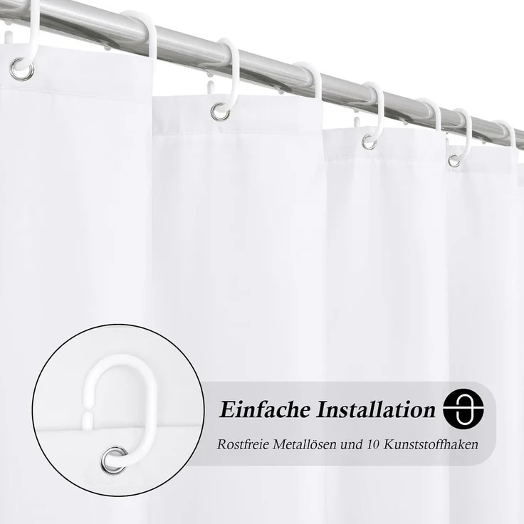 Duschvorhang 150x180 Weiß Textil Polyester Anti-Schimmel Wasserdicht mit 10 – Bild 2
