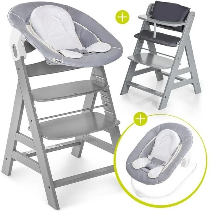 Hauck Hochstuhl Alpha Plus Grau - Newborn Set (Set, 4 St), Holz Babystuhl ab Geburt inkl. Aufsatz für Neugeborene & Sitzpolster – Bild 4