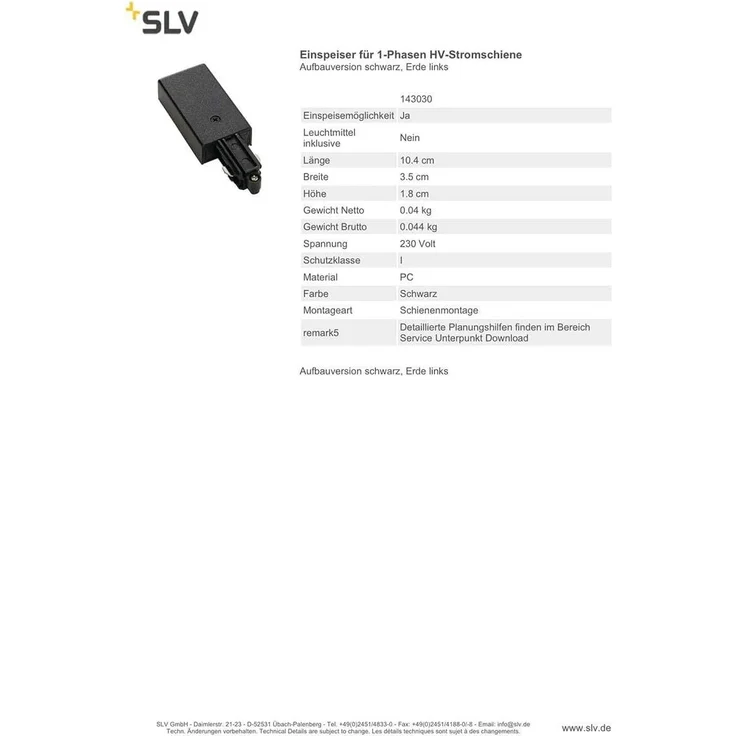 SLV Einspeiser für 1-Phasen HV-Stromschiene, Aufbauversion schwarz, Erde links - 1 Phasen Stromschienen 230V – Bild 2