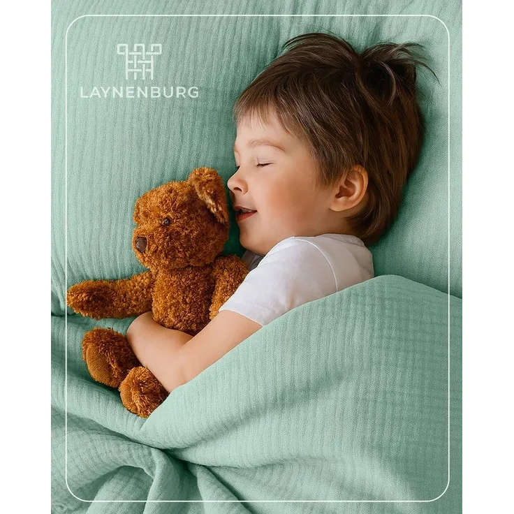 Laynenburg Kinderbettwäsche Musselin 2 teilig aus 100% Baumwolle in 100x135 cm + 40x60 cm, atmungsaktiv & bügelfrei – 3 lagig mit Reißverschluss & Haltebändern