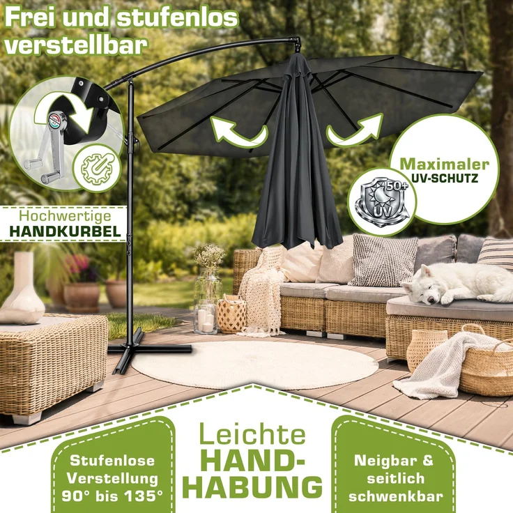 tillvex Sonnenschirm Anthrazit Ø 350 cm Ampelschirm Gartenschirm Marktschirm Kurbel Balkon Alu Neigbar Anthrazit - Ø350cm – Bild 3