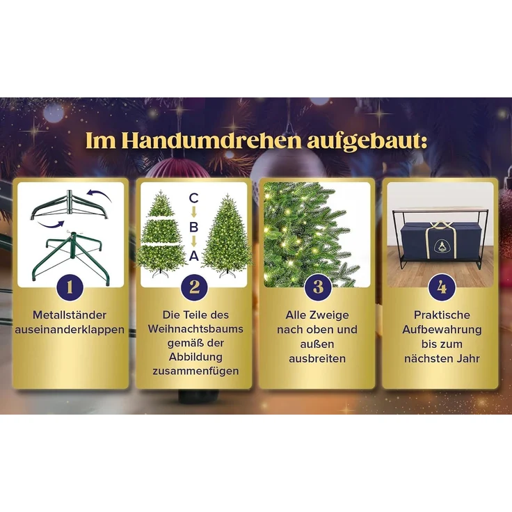 EveXmas Adele Künstlicher Weihnachtsbaum Grün 185 cm mit 320 LEDs – 100% PE Spritzguss, Nordmanntanne-Optik, inkl. Metallständer, Tasche & Baumkorb – Bild 6