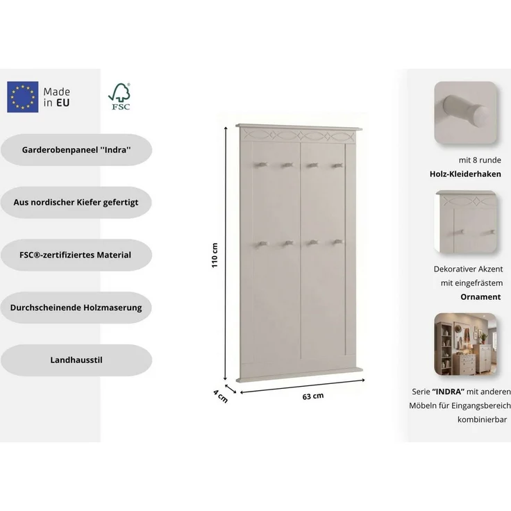 OTTO home Garderobenpaneel Indra Wandgarderobe mit 8 Haken und dekorativer Fräsung (B/T/H: 63/6/100 cm), aus massiver Kiefer, 8 Haken mit einer natürliche Maserung – Bild 3