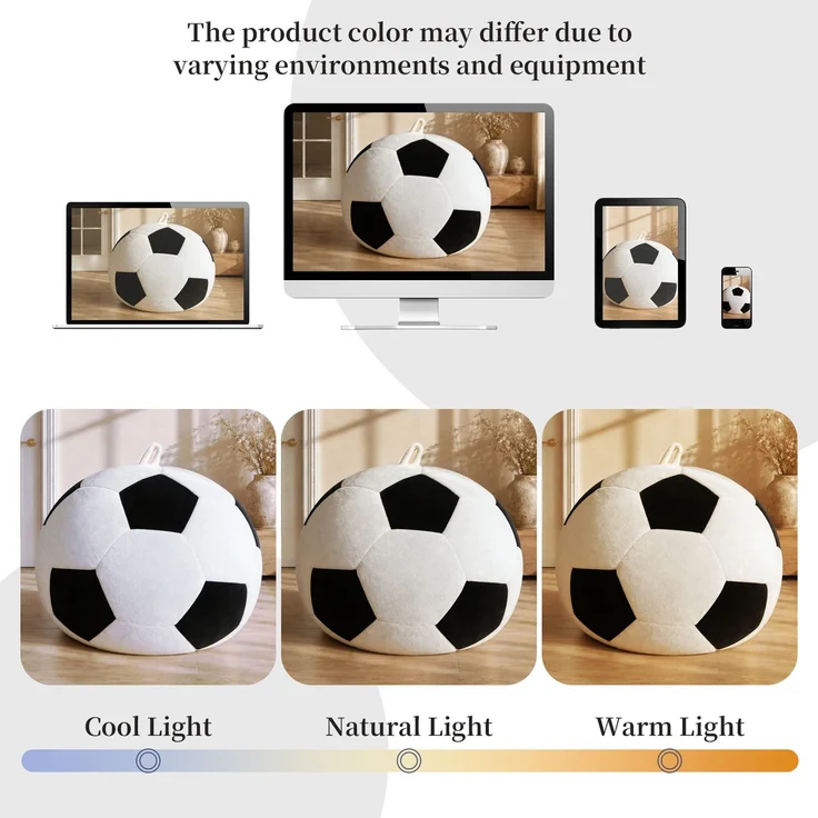 Großer, fußballförmiger Sitzsack, mehrfarbige Ziernähte, bequemes Sofa zum Entspannen im Schlafzimmer, Wohnzimmer oder in der Leseecke, ideal für Erwachsene und Jugendliche – Weiß + Schwarz – 52 x 43,5 x 31,5 cm – YOUDENOVA – Bild 8