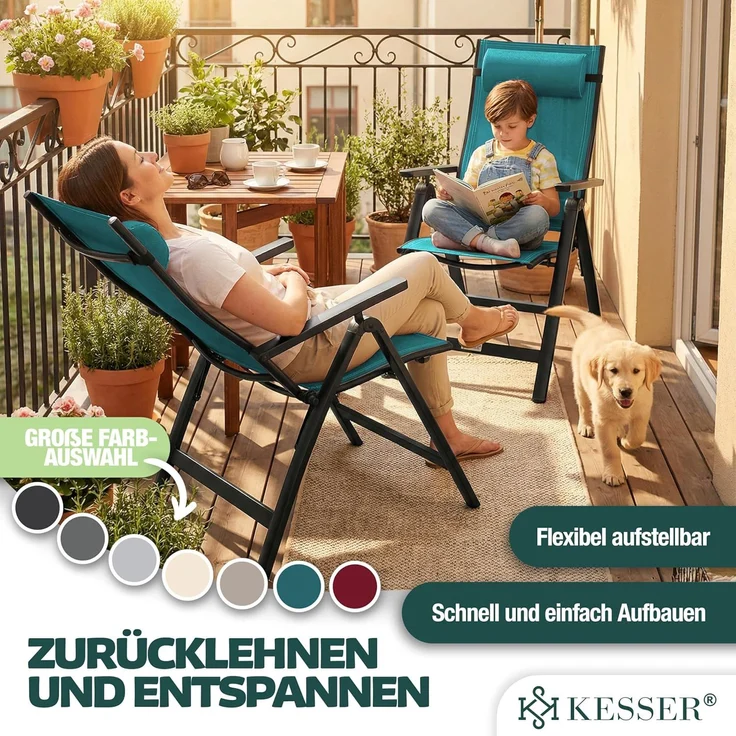 KESSER® Gartenstuhl Hochlehner mit Armlehnen | Aluminium Klappstuhl inkl. Kopfkissen Campingstuhl 7-Fach Verstellbar Rückenlehne | Atmungsaktiv & Wetterfest | Klappbar & Anti-Rutsch 1 Stück, Petrol Grün – Bild 7