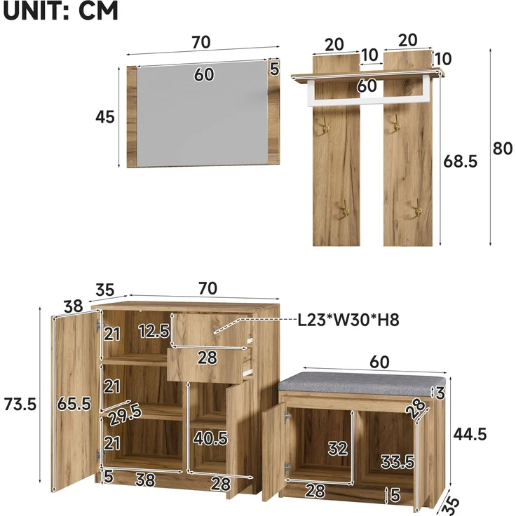 Garderoben-Set mit Spiegel, Schuhschrank und Sitzbank, 130x35x124,5 cm, Natur – Bild 4