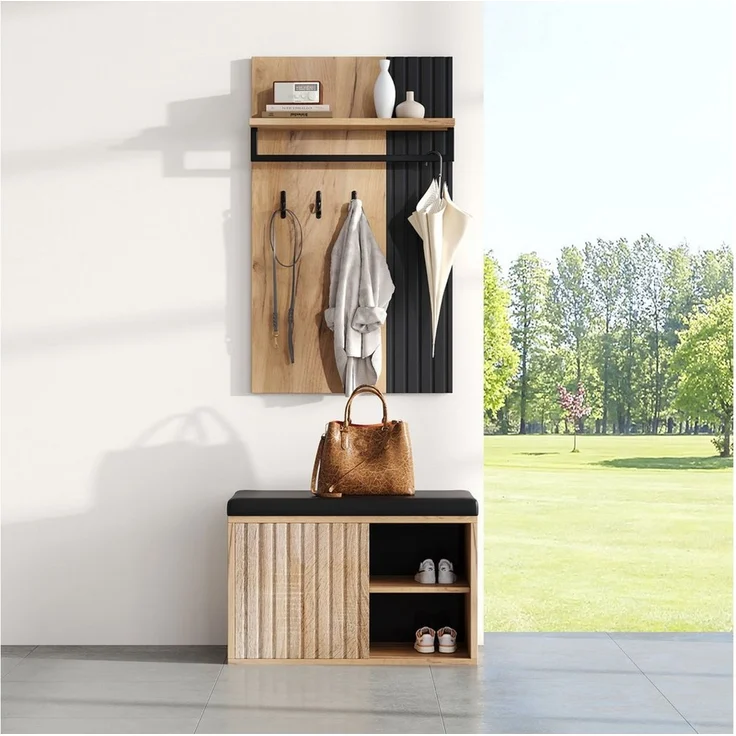 Merax Garderoben-Set 2-teilig, Wandgarderobe mit Kissen Sitzbank, (mit 3 Haken und Schuhschrank), Garderobenbank, Flurmöbel, Schwarz + Natur – Bild 4
