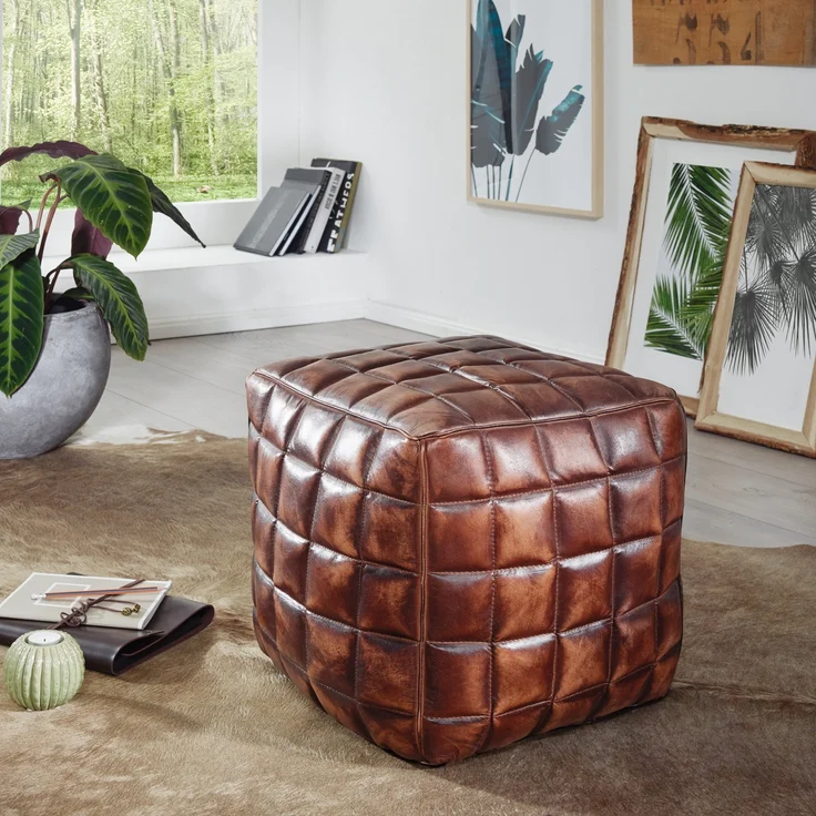Wohnling 'Stan' Pouf, Ottomane, Sitzwürfel, Echtleder braun 39 x 41 x 39 cm – Bild 3