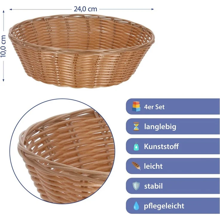 CEPEWA Allzweckkorb Brotkorb 4er Set rund Ø24x10 cm Kunststoff geflochten braun Tischdeko – Bild 2