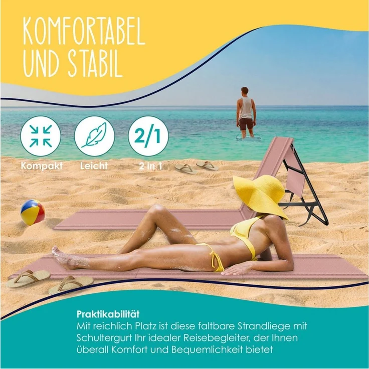 KESSER® Strandmatte klappbar mit verstellbarer Rückenlehne, Strandliege faltbar mit Tragegurt, wasserdichter Handyhülle & Aufbewahrungstasche, Sonnenliege für Strand Garten Terrasse, Liegematte 130Kg Rosa, 1er Set / 50W – Bild 3