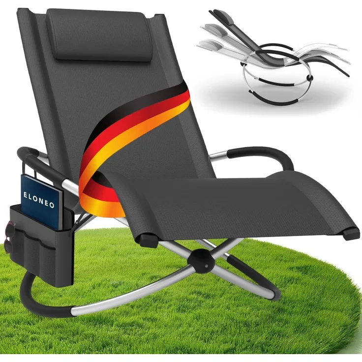 ELONEO Gartenliege Schaukelliege Outdoor mit Tasche, Strandliege klappbar bis 180 kg, Schaukelsessel, Liegestuhl wetterfest, Sonnenliege für Garten & Balkon