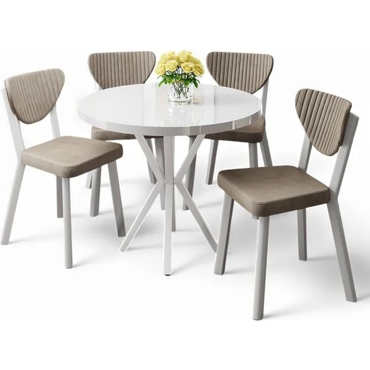 Modernes 5-teiliges Esszimmer-Set mit Tisch und Stühlen, Weiß & Cappuccino, 100% melaminbeschichtet, Metallbeine, skandinavisches Design – Bild 1