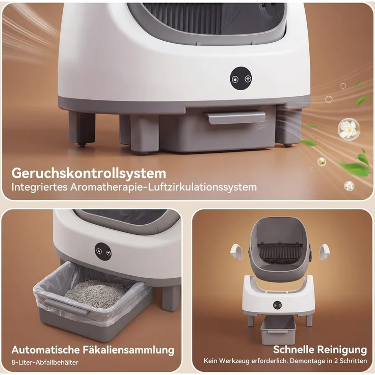 Aoxun Selbstreinigende Katzentoilette, Katzenklo Selbstreinigend mit Sicherheits Geruchskontrolle, Automatischer App-Steuerung für Katzen, Inklusive Katzenstreumatte,Müllbeutel und Duftbox, Grau – Bild 9