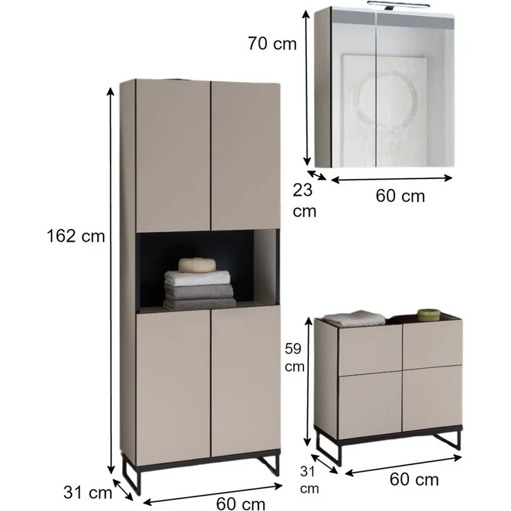 moebel-dich-auf Badmöbel-Set VENEZIA, (inklusive LED-Beleuchtung, kaschmir Spiegelschrank WBU optional mit Hoch-/Highboard), Metall Füße – Bild 3