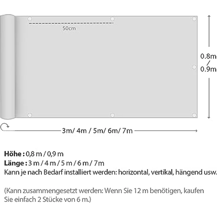 Sekey Balkon Sichtschutz Balkonabdeckung 90x400cm - Reißfeste Ösen mit Kunststoffeinlage, Oxford-Stoff Balkonverkleidung mit Kabelbindern, Blickdicht, Wasserdicht & Windschutz, Anthrazit – Bild 8
