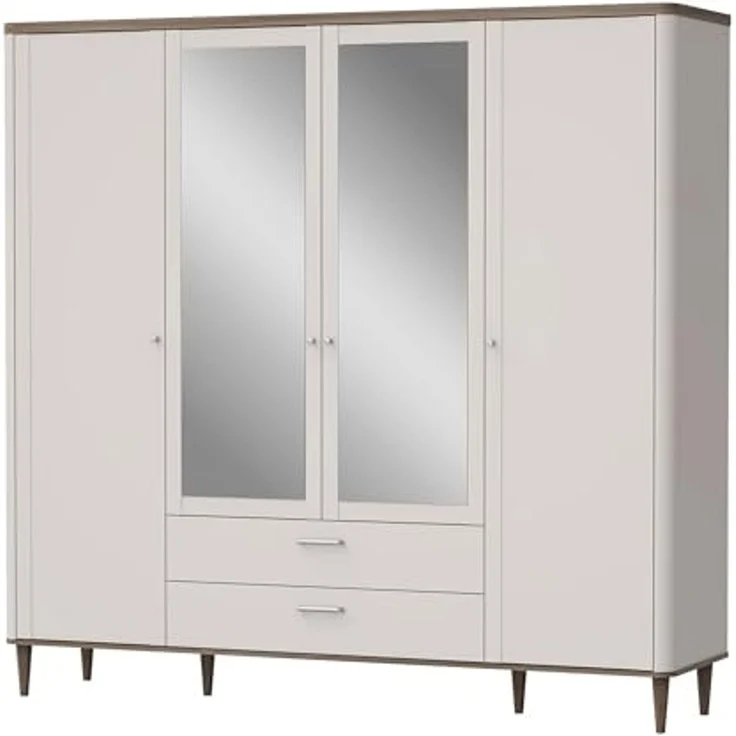 Forte LACETTI Kleiderschrank 200 210, eleganter Schrank mit Spiegel, 4-türig, 2 Schubladen, hohe Beine, Kaschmir-Beige-Valencia Eiche Holzdekor, 209,5 cm breit x 200,5 cm hoch x 52,7 cm tief – Bild 7