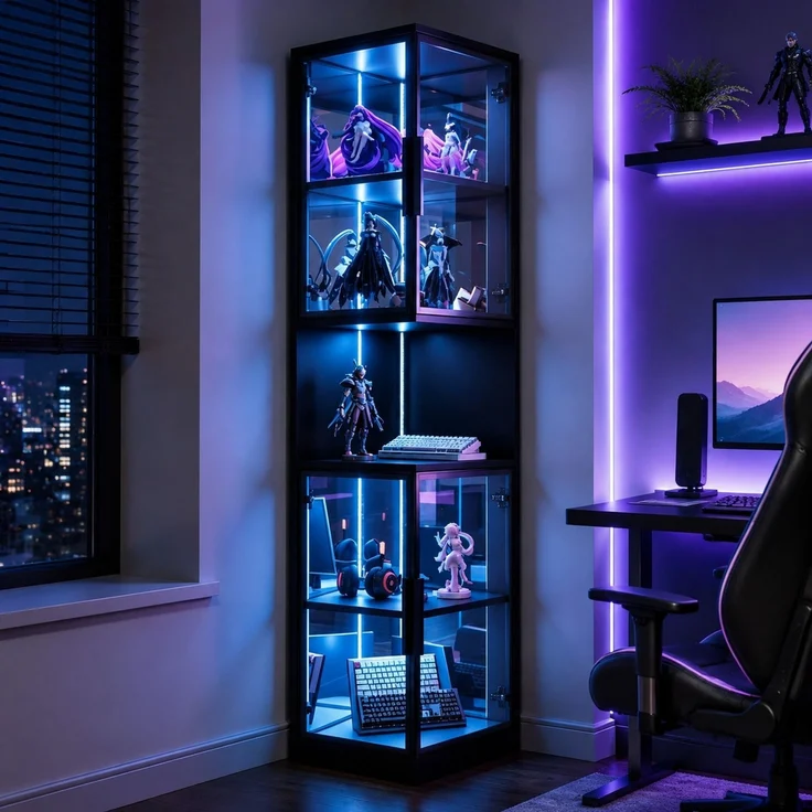 Vitrine 42x44x205 cm in Schwarz mit Glasfront, Spiegelrückwand und LED – Bild 2