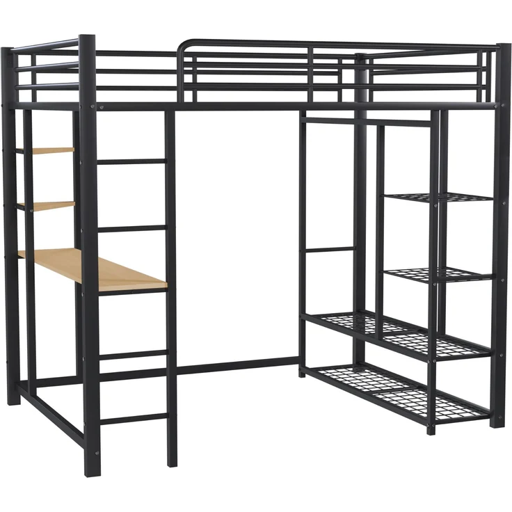 ZUBALIYA Metall-Hochbett mit Leiter 140x200 cm, Juniorbett Doppelbett mit Tisch mit einfachen Kleiderbügeln mit Ablagefächern, Schwarz – Bild 19