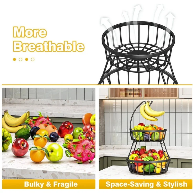 POPOLIC Obstschale 2-stöckiger Obstkorb aus Metall mit Bananenhaken, abnehmbar & belüftet – Bild 4