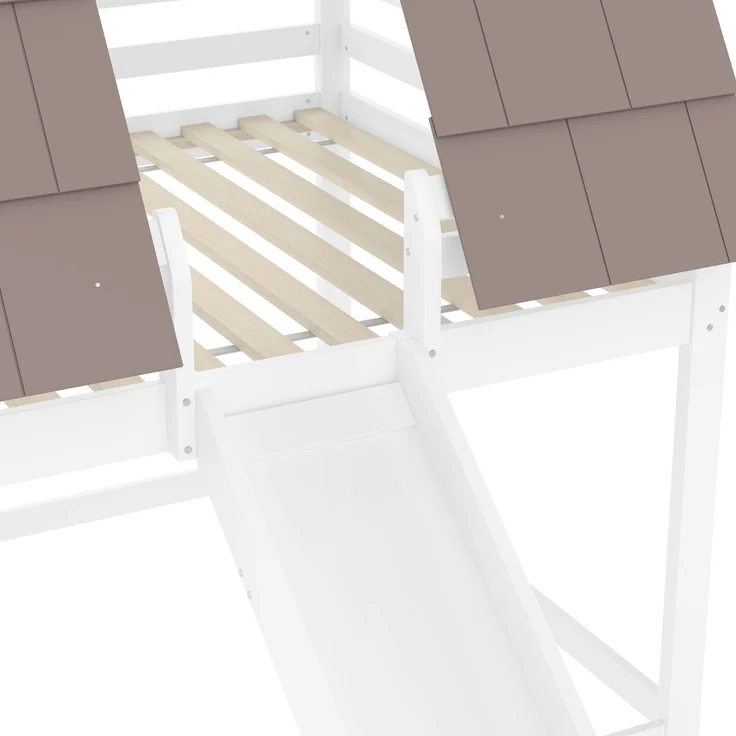 Holzhaus-Etagenbett 140x200 cm mit Dach, Leiter und Rutsche, Haus-Design, Weiß+Braun – Bild 8