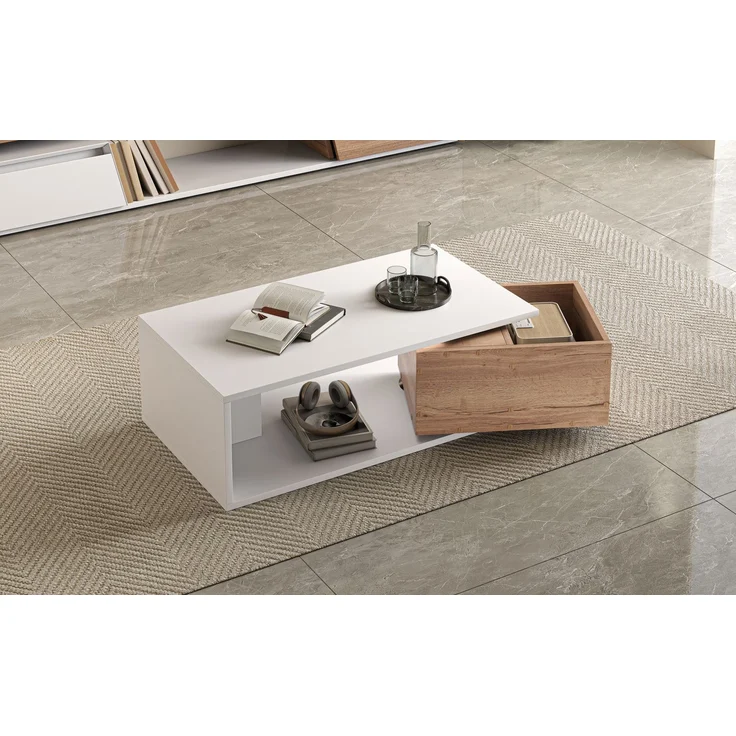 Couchtisch, MDF mit 1 Schublade & 360° Drehfunktion, 90x50x30 cm, Weiß + Holzfarbe – Bild 1