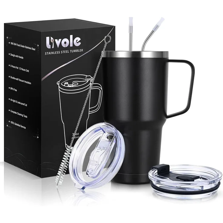 Livole 30oz 900ml Doppelwandiger Thermobecher mit Strohhalm Henkel Schwarz
