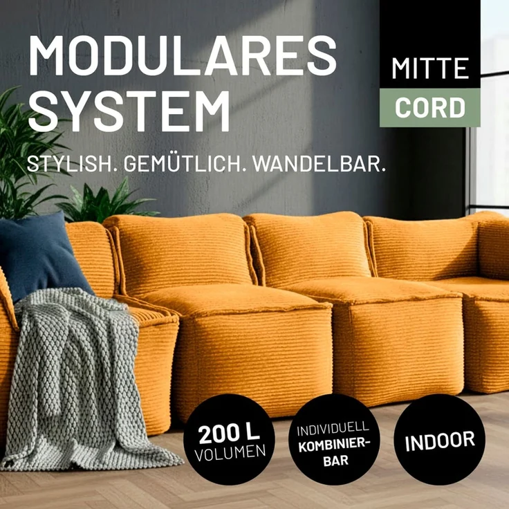 Lumaland Sitzsack-Sofa, Polyester, Mittelteil, Cord - Senfgelb, 70 x 81 x 54 cm – Bild 3