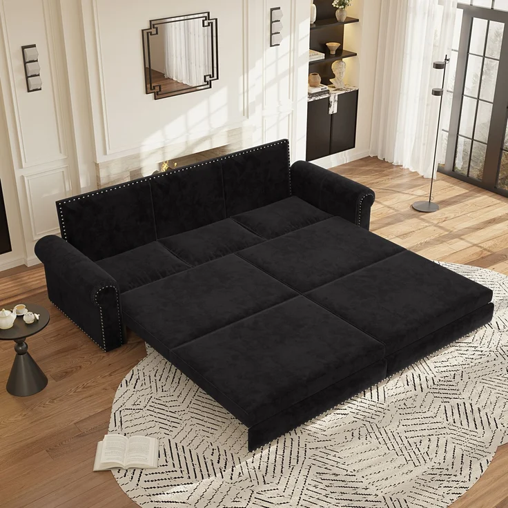 Schlafsofa, Samt, 3-in-1 ausziehbar, 238x90x98 cm, Schwarz – Bild 3